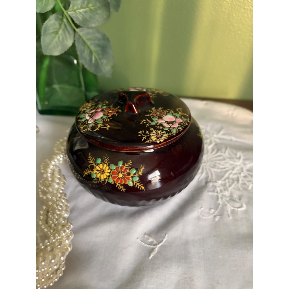 Vintage Hand Painted Brown Trinket Box, Floral Lidded Dish
